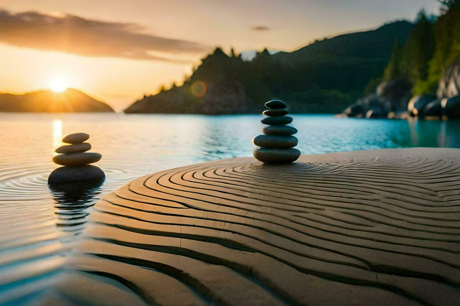 the sun sets over the water and rocks in the foreground. AI-Generated photo