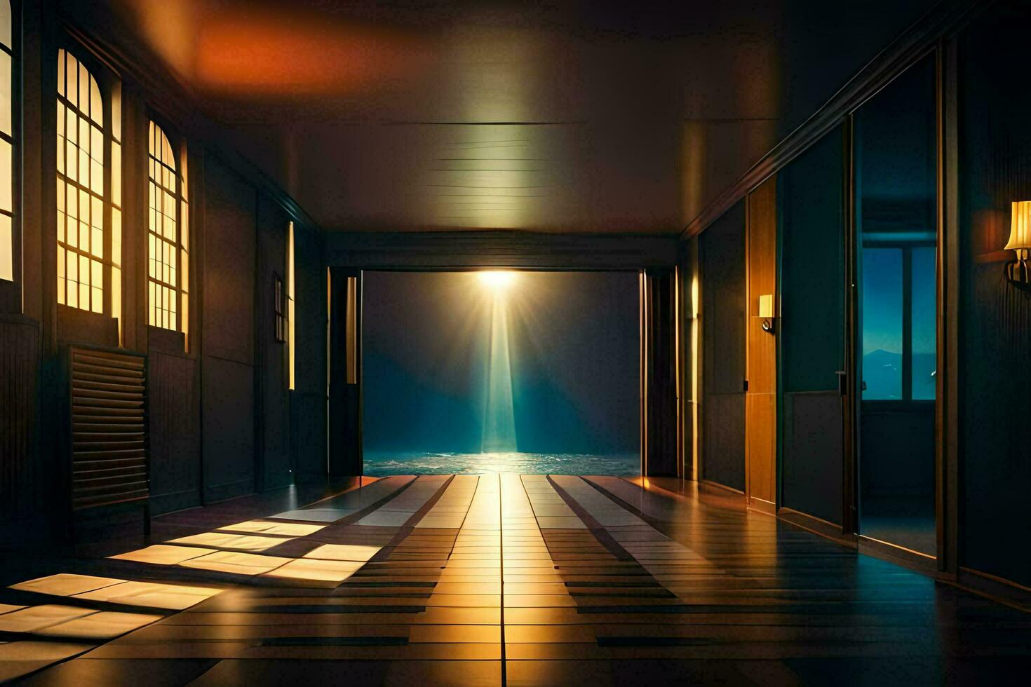 a hallway with a light shining through the door. AI-Generated photo