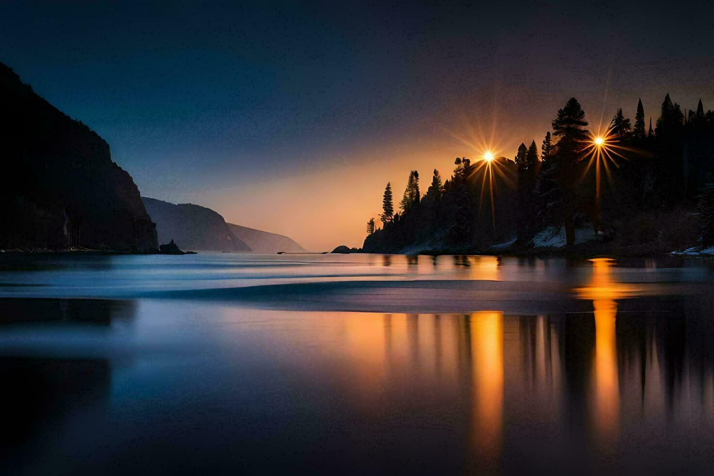 the sun is setting over a lake and trees. AI-Generated photo