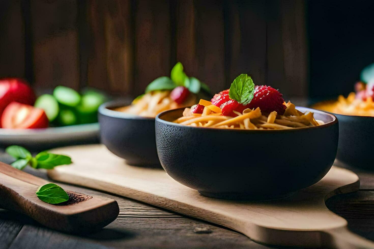 two bowls of pasta with fresh fruit on a wooden table. AI-Generated photo