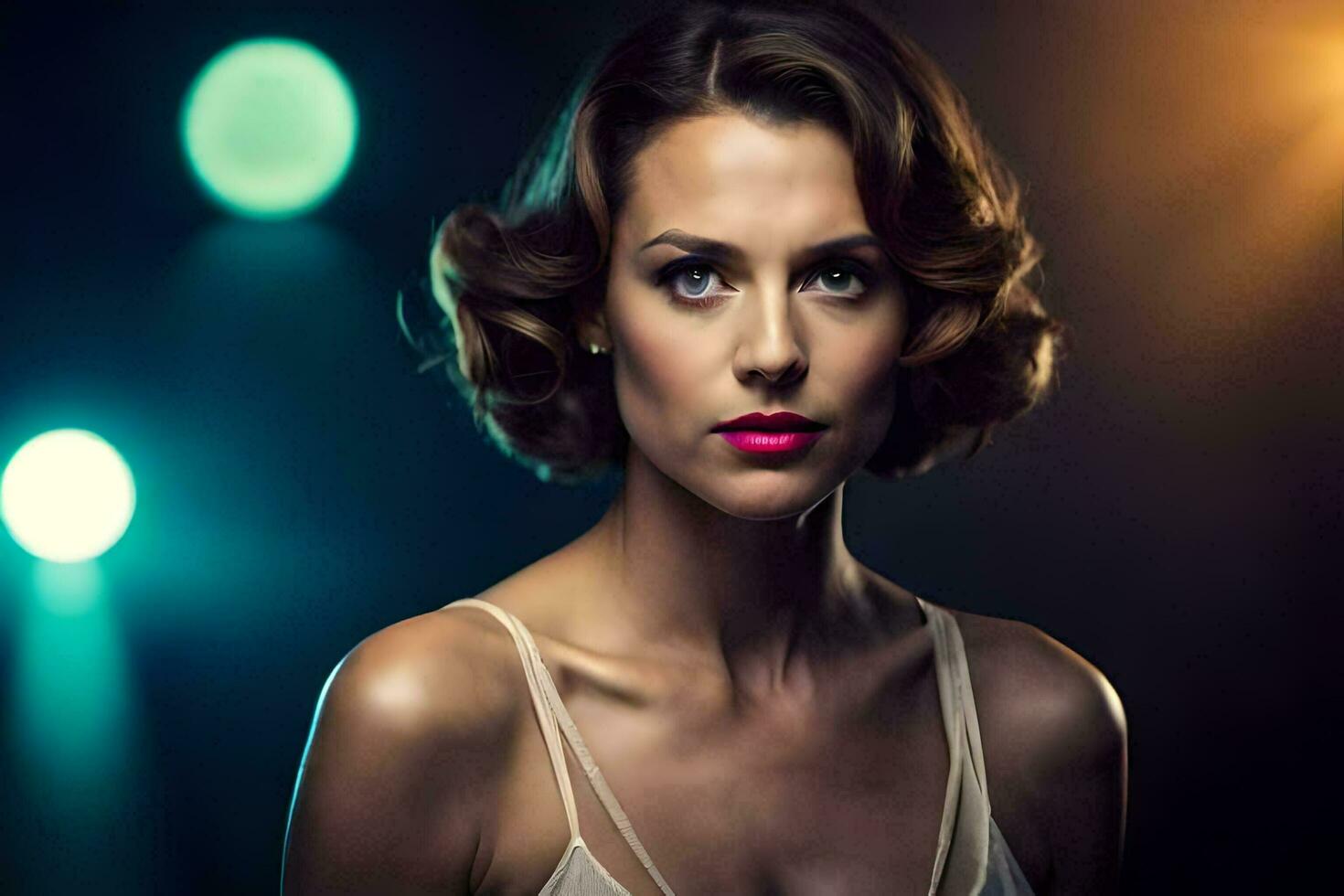 a woman with short hair and pink lipstick. AI-Generated photo