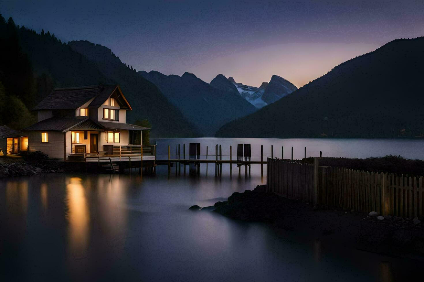 a house sits on the shore of a lake at night. AI-Generated photo