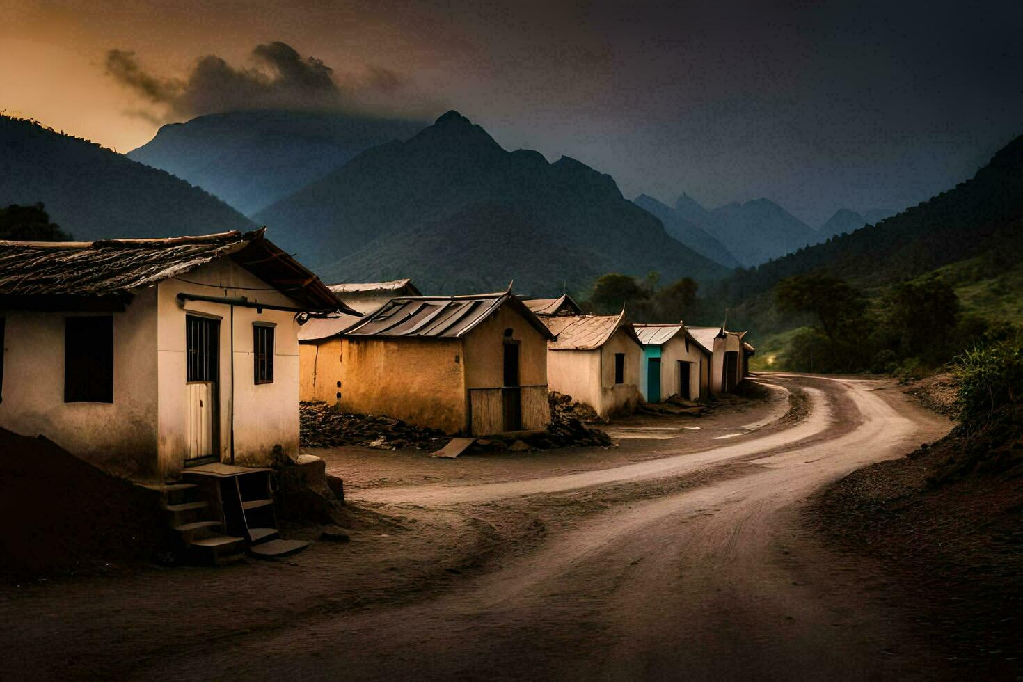 a dirt road in front of a mountain village. AI-Generated photo