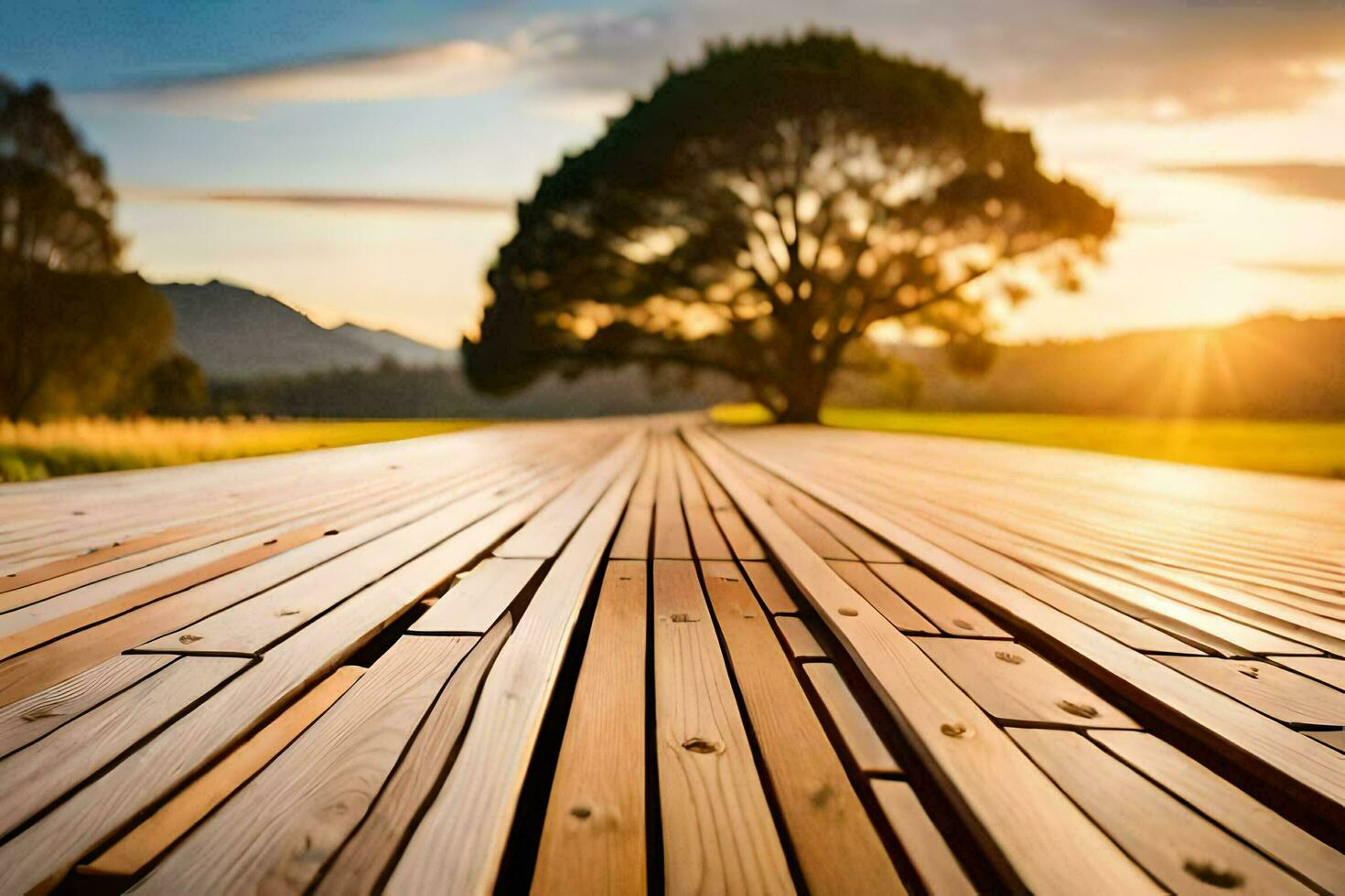 a wooden walkway with a tree in the background. AI-Generated photo