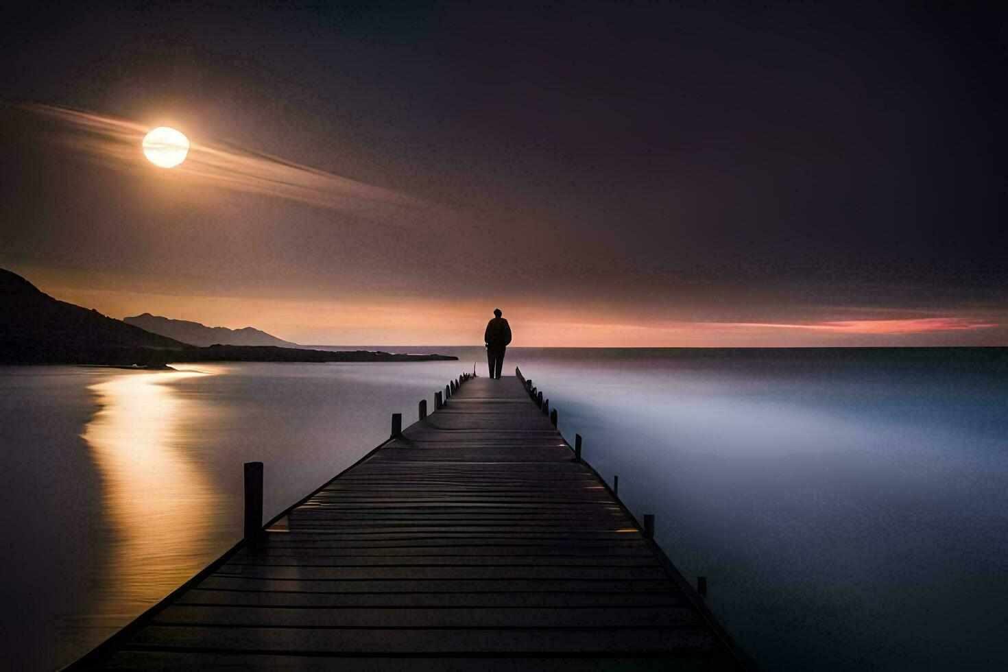 a man standing on a pier looking at the moon. AI-Generated photo