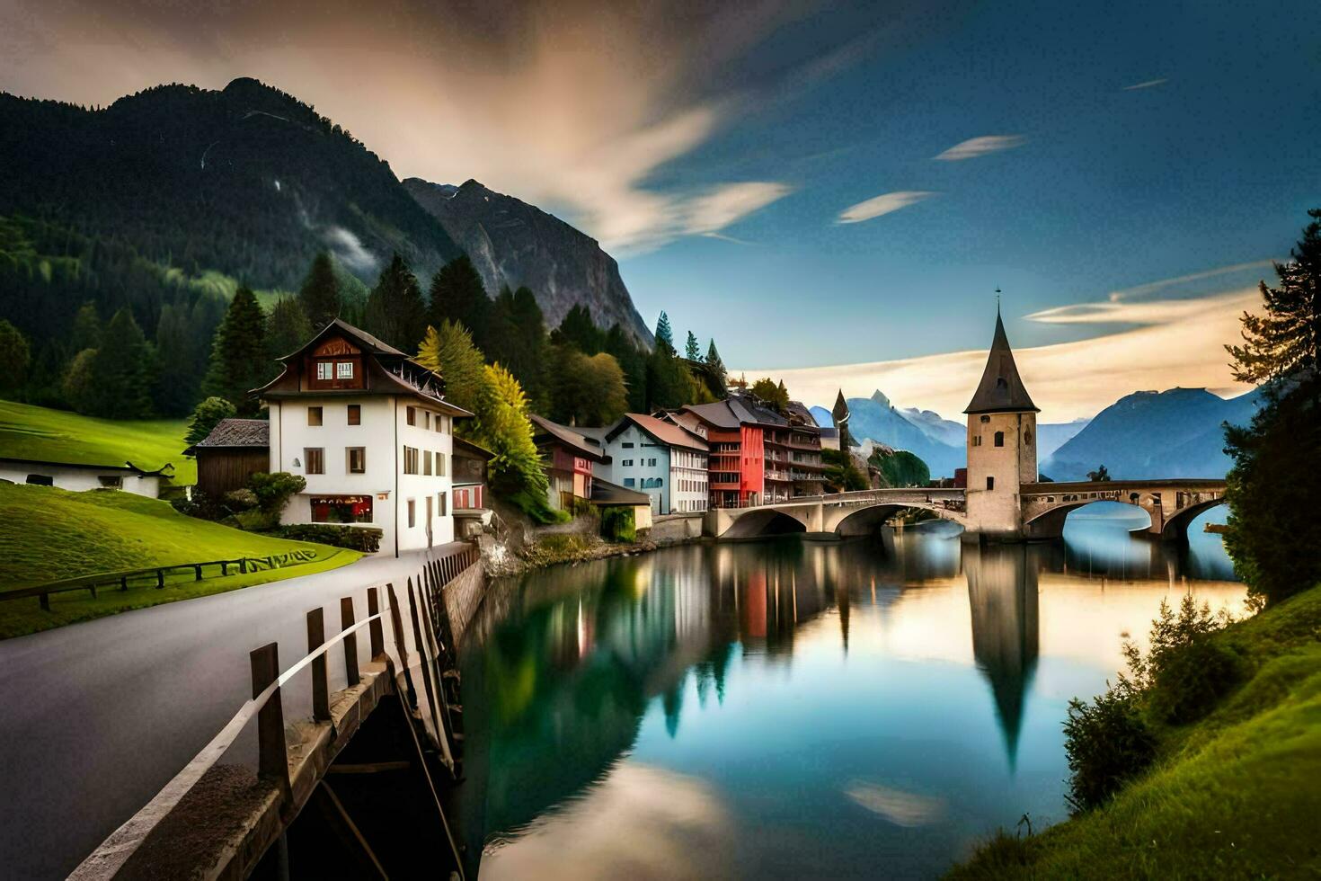 a beautiful river and bridge in the mountains. AI-Generated photo