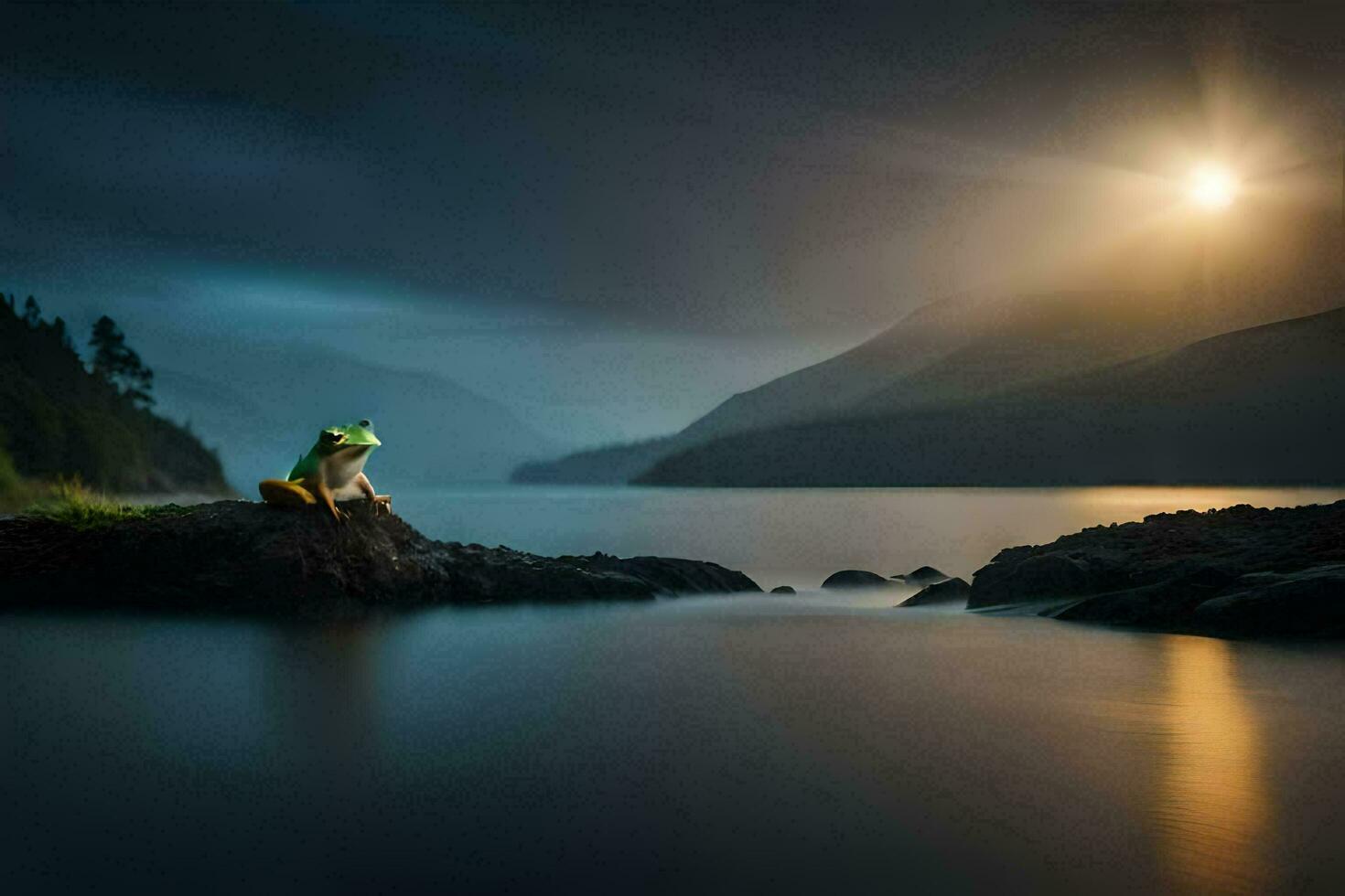 a frog sits on a rock in front of a lake at night. AI-Generated photo