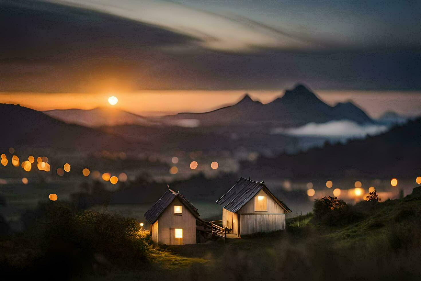 photo wallpaper the sky, mountains, house, the sun, the mountains, the sky, the. AI-Generated