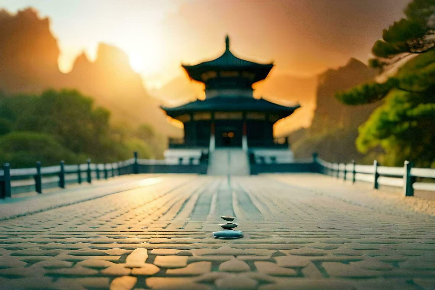 a pagoda in the mountains at sunset. AI-Generated photo