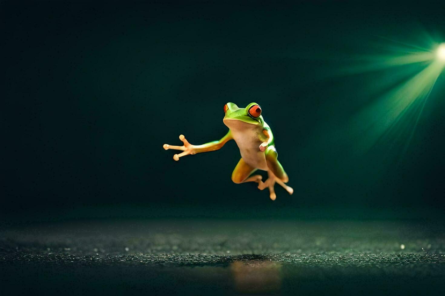 a frog jumping in the air with a spotlight. AI-Generated photo