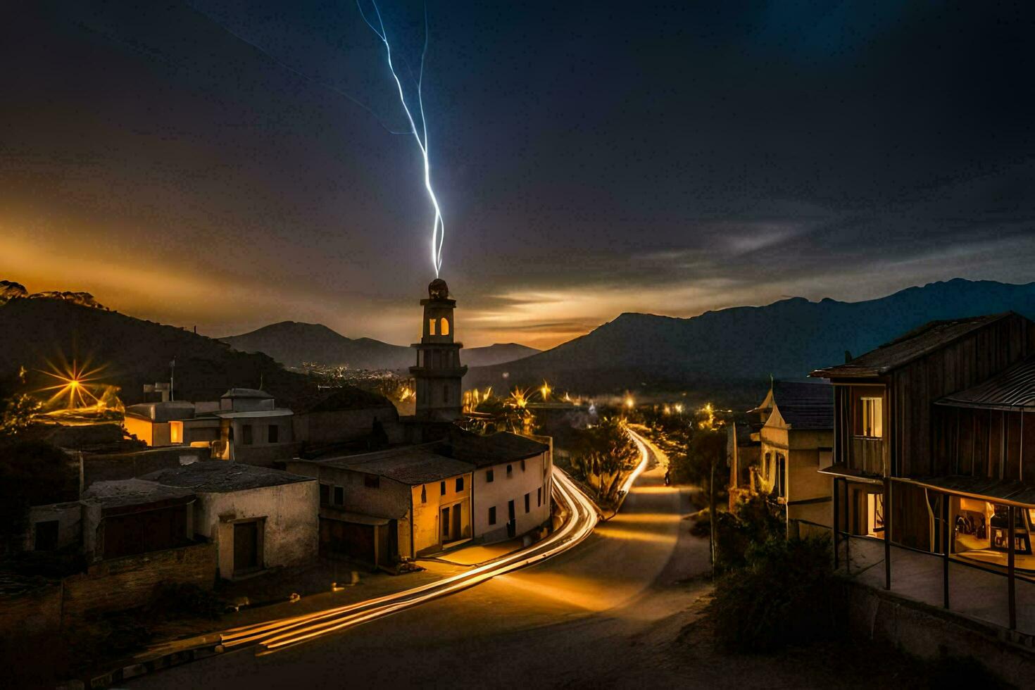 lightning bolt over a town at night. AI-Generated photo