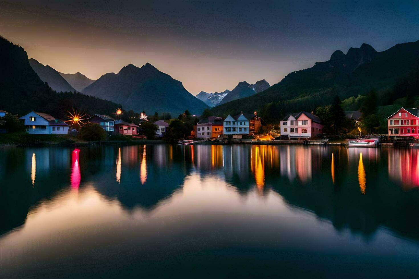 a lake and houses in the mountains at dusk. AI-Generated photo
