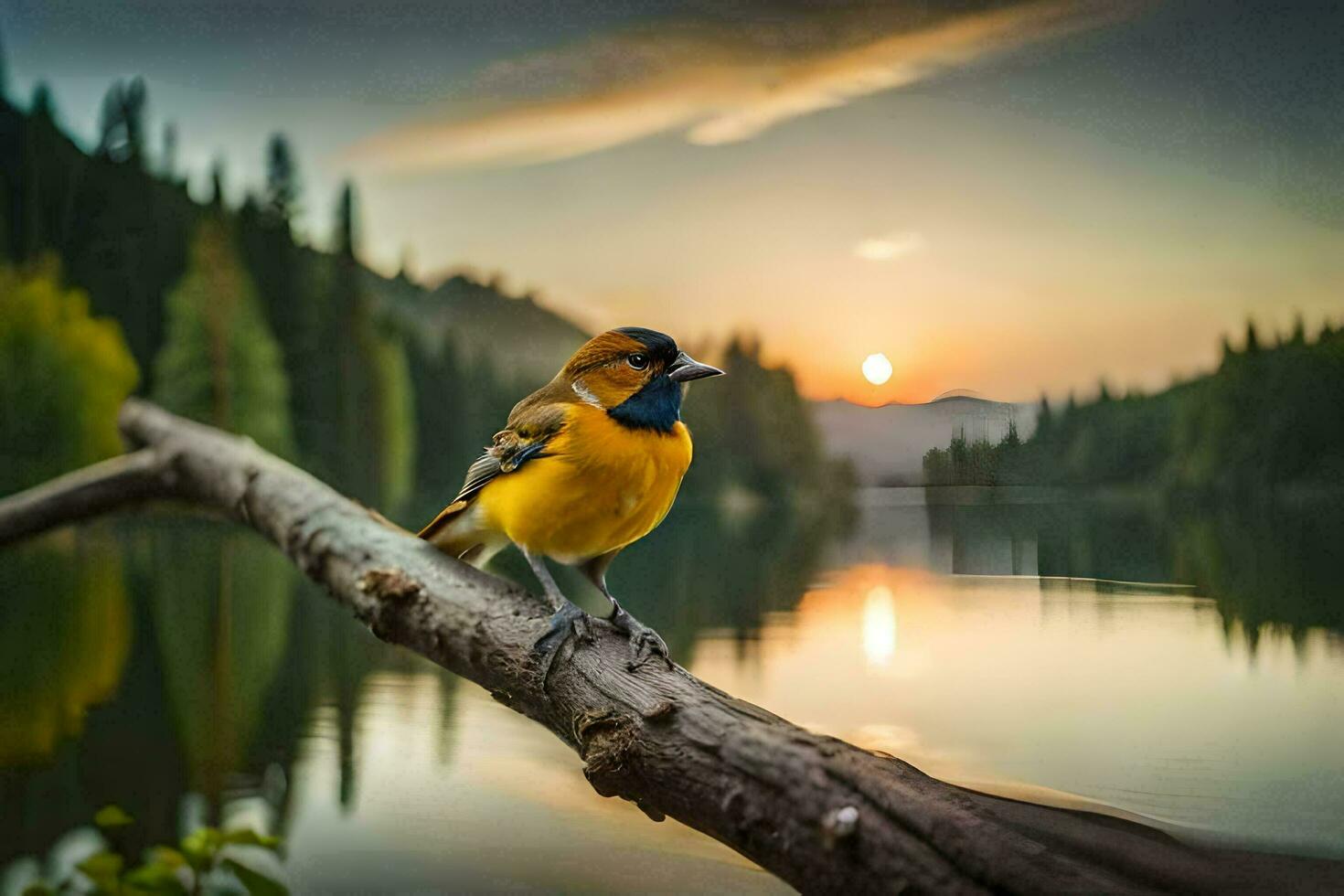 a bird sits on a branch in front of a lake. AI-Generated photo