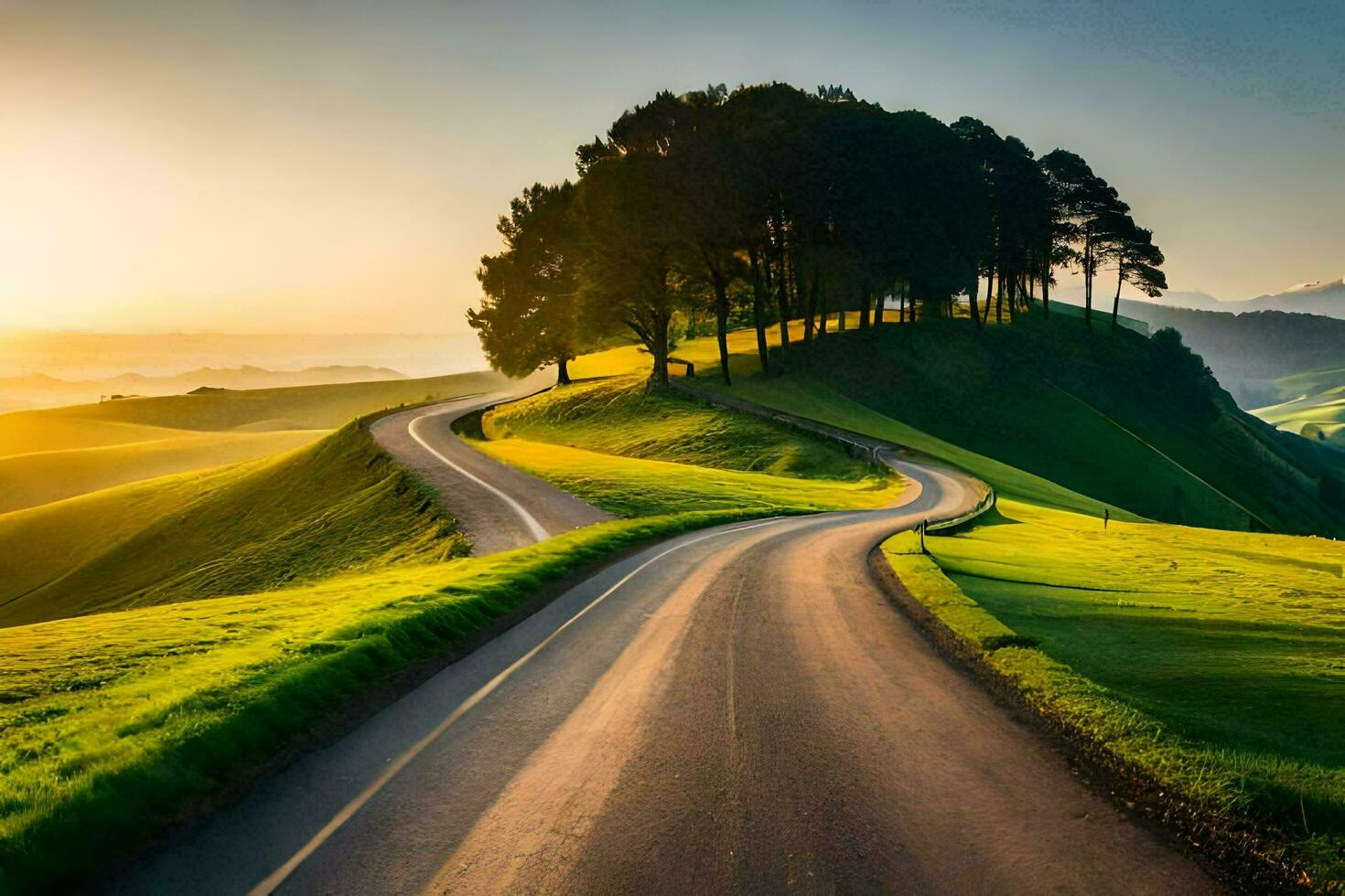 el la carretera a el puesta de sol. generado por ai foto