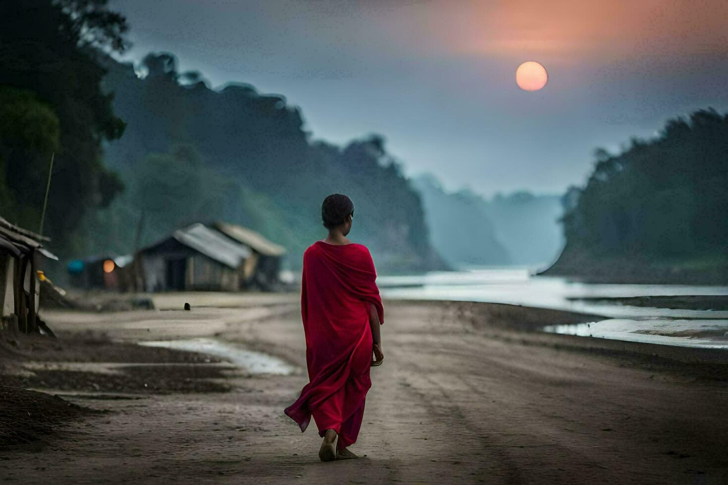 a woman in a red dress walking down a dirt road. AI-Generated photo