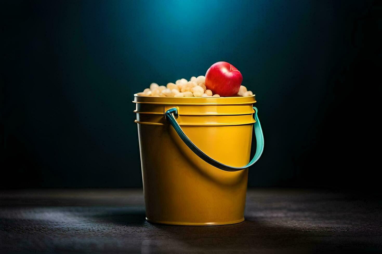 a bucket filled with rice and a cherry. AI-Generated photo