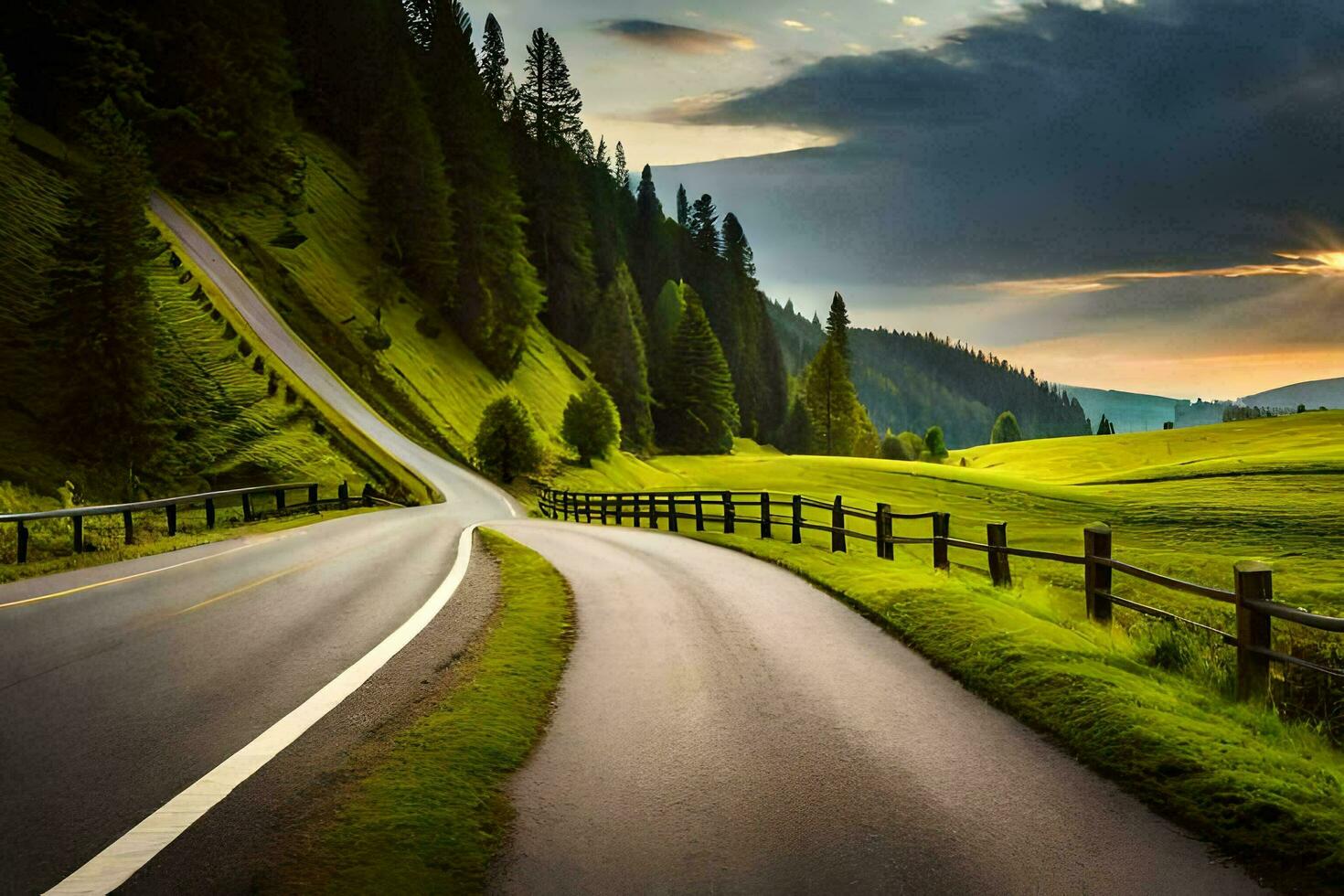 a winding road in the mountains with grass and trees. AI-Generated photo