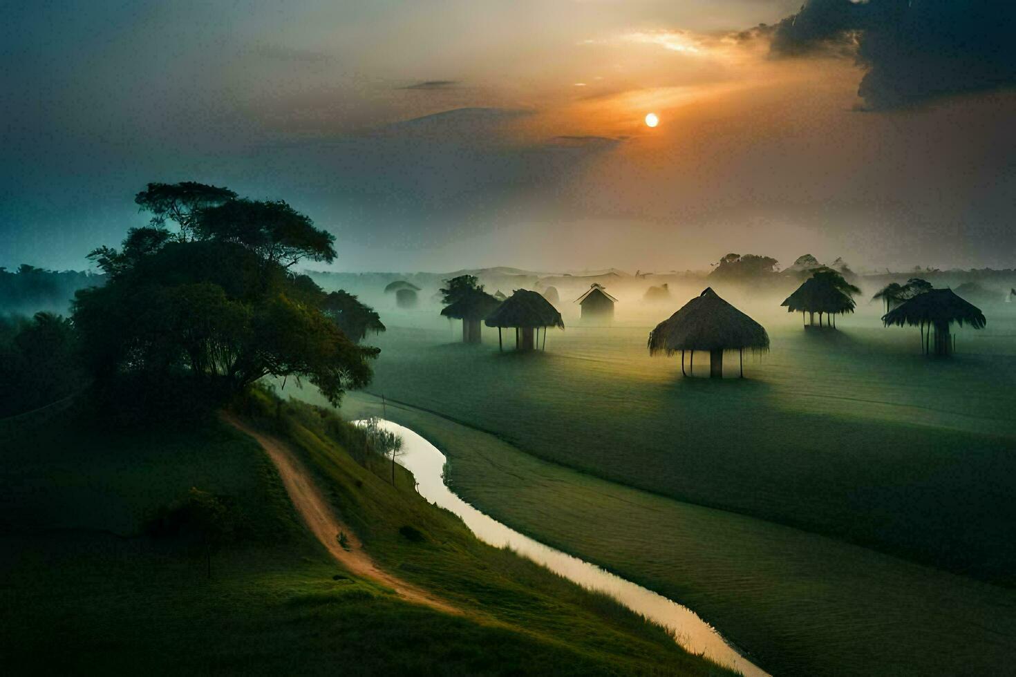 the sun rises over a field with thatched huts. AI-Generated photo