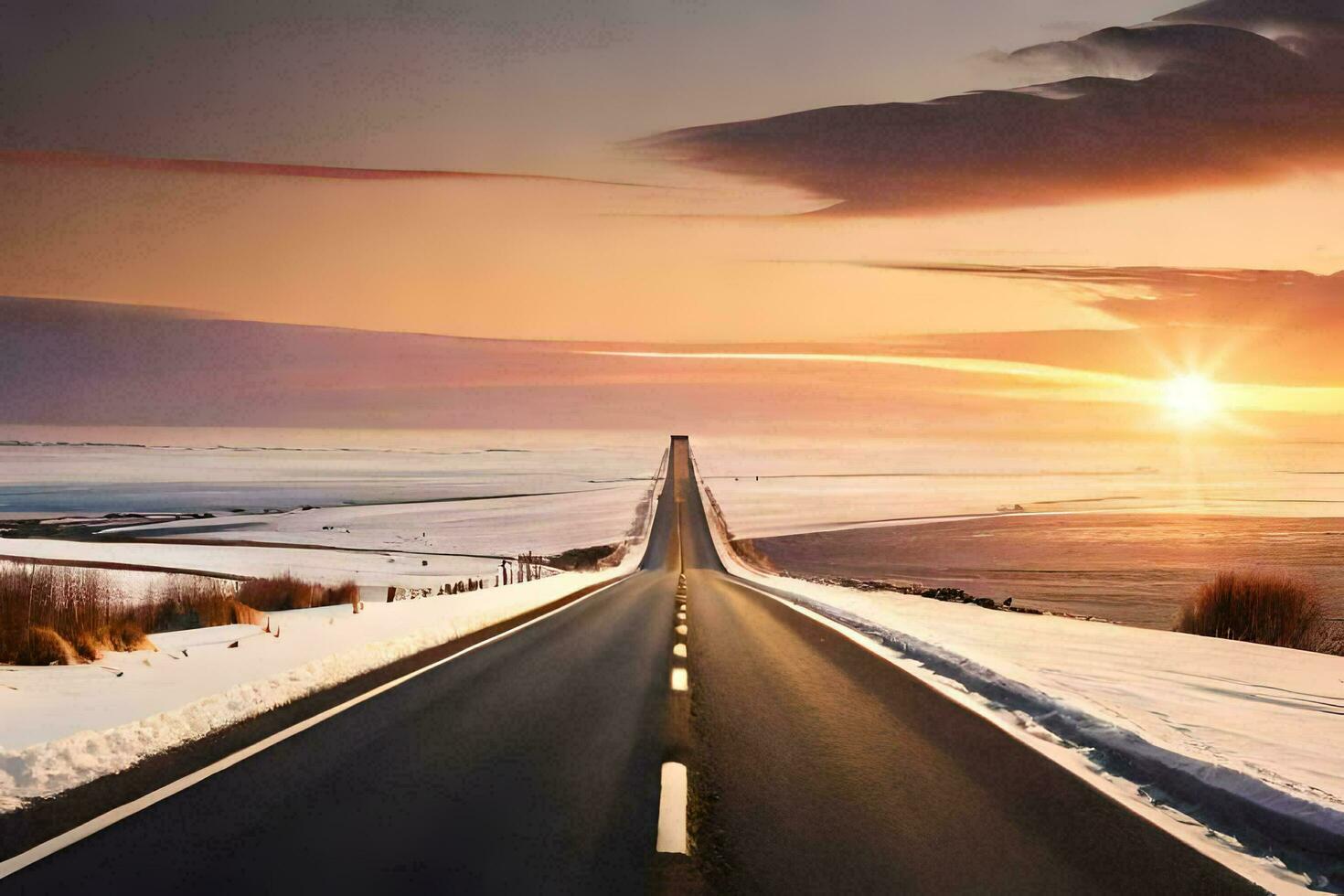 a long road with snow on the ground and the sun setting. AI-Generated photo