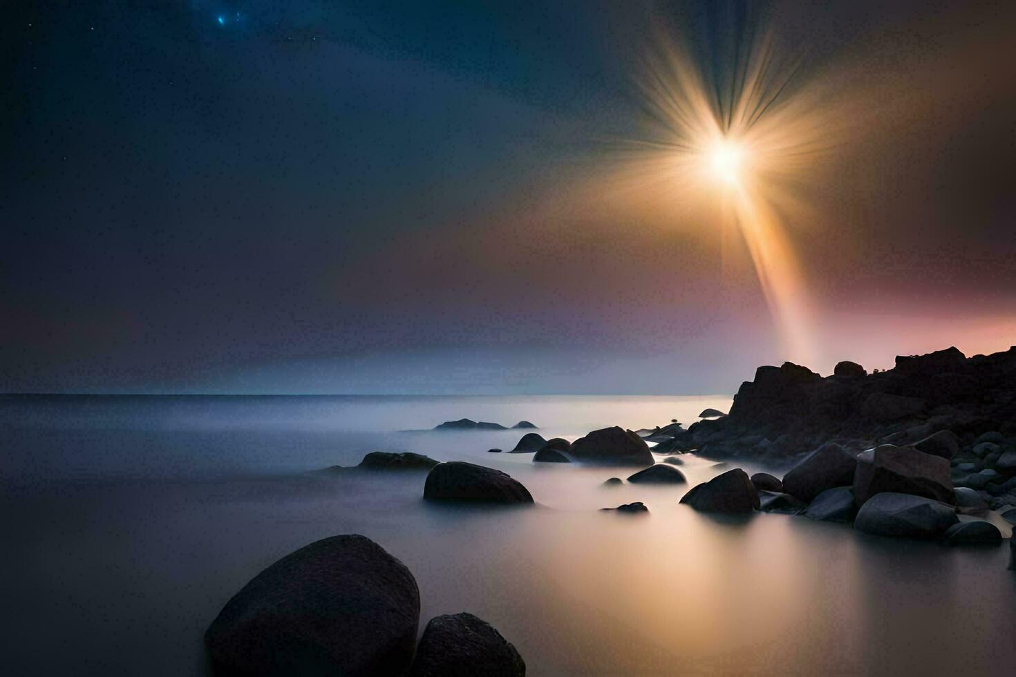 a star shines over the ocean and rocks. AI-Generated photo