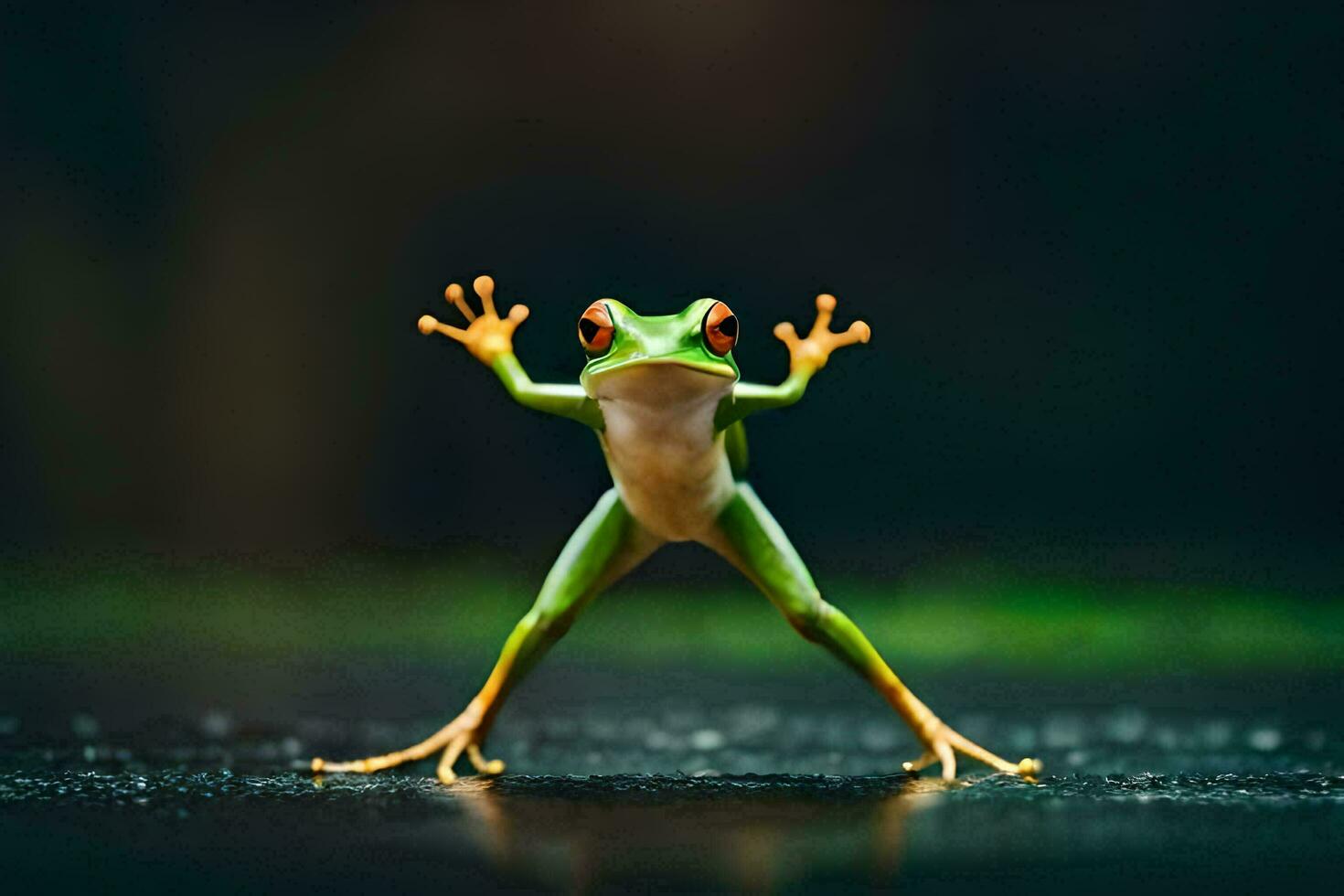 a frog standing on its hind legs with its arms outstretched. AI-Generated photo