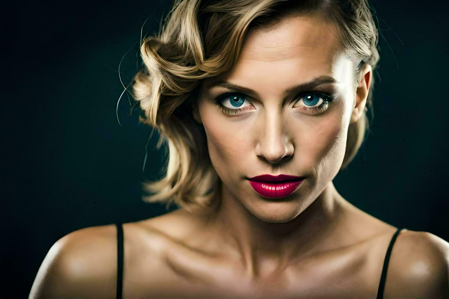 a beautiful woman with blue eyes and red lipstick. AI-Generated photo