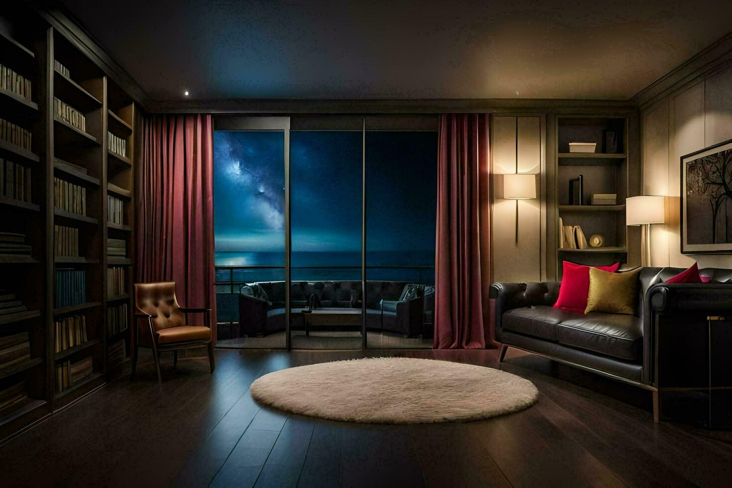 a living room with a couch, bookshelf and a window overlooking the ocean. AI-Generated photo