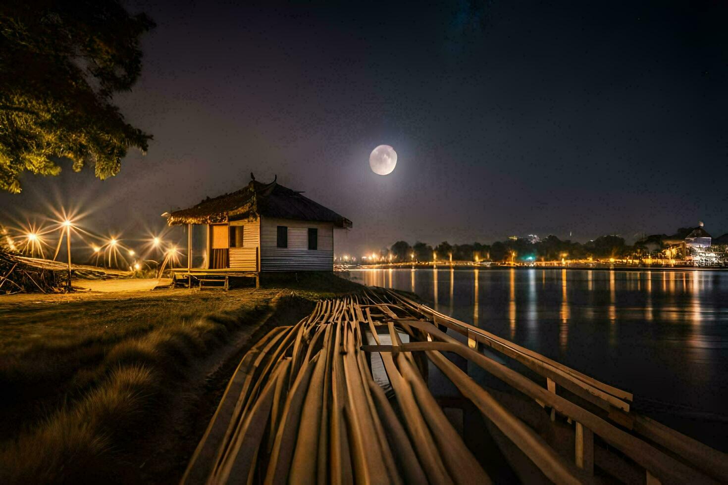 a full moon over the water at night. AI-Generated photo