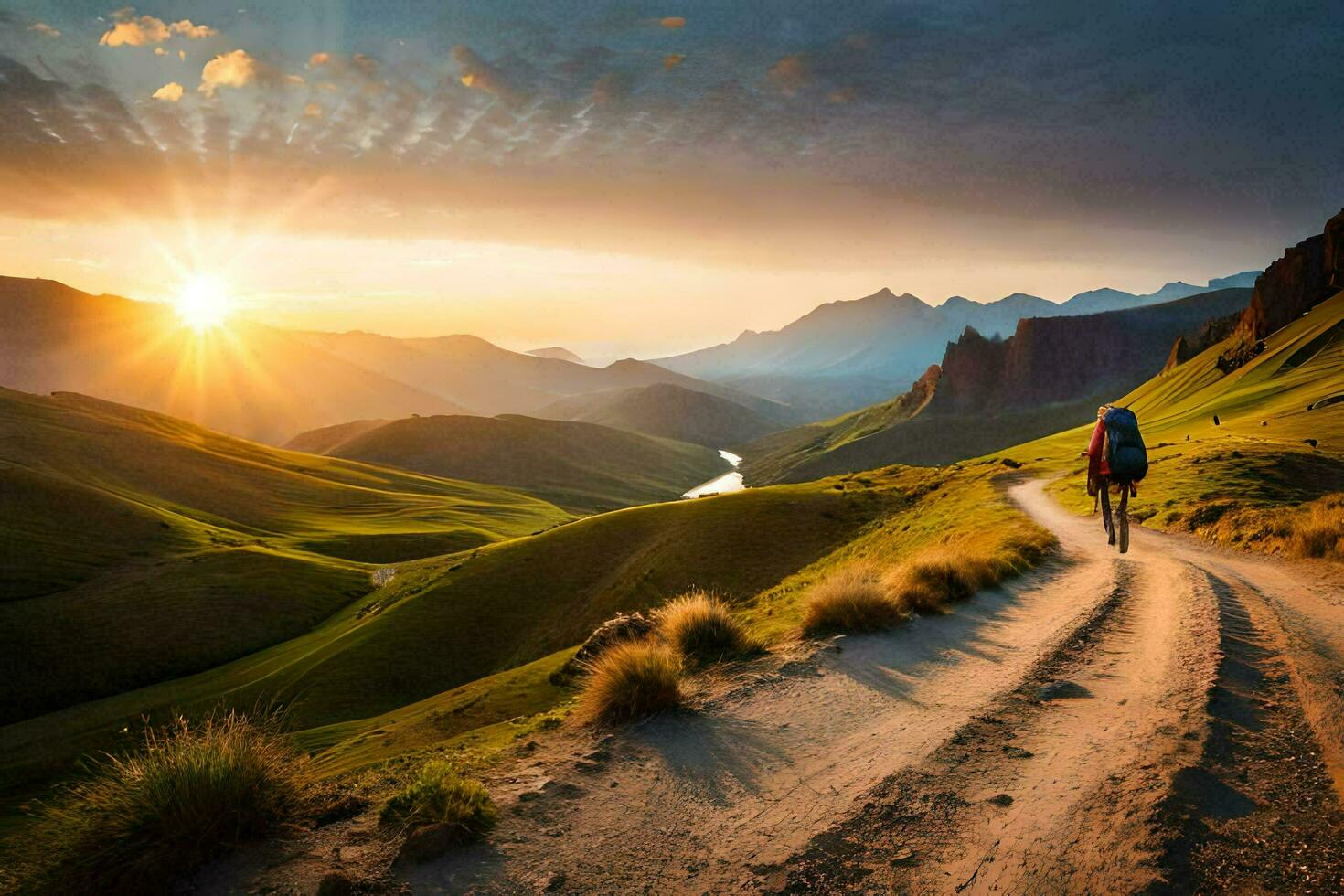 the sun rises over the mountains in the background. AI-Generated photo