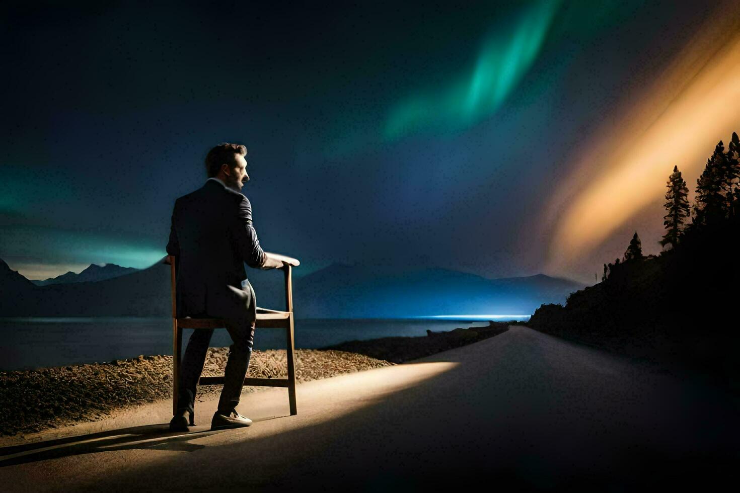 a man sitting on a chair looking at the aurora lights. AI-Generated photo