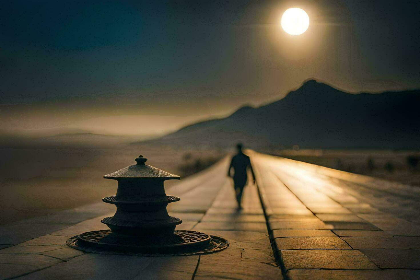 a man walking along a path with a lantern in the background. AI-Generated photo