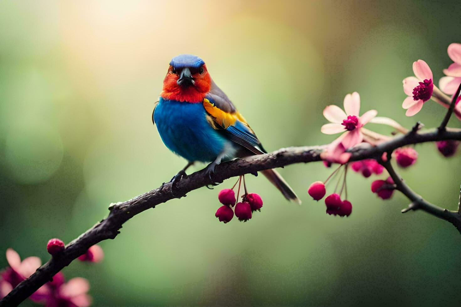 a colorful bird sits on a branch with pink flowers. AI-Generated photo