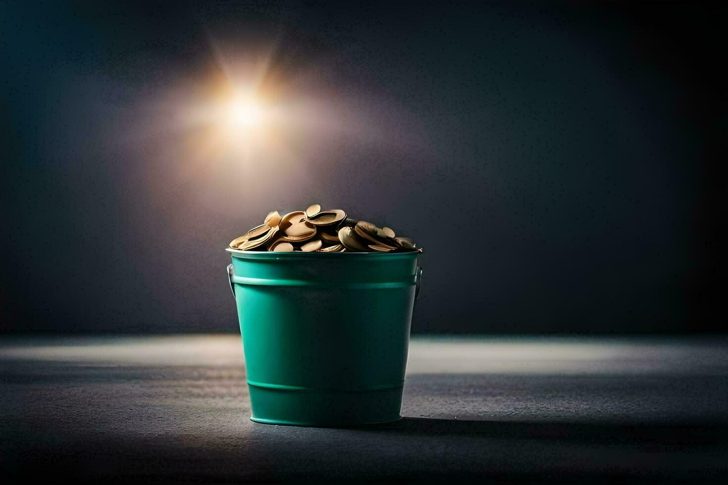 a bucket filled with coins on a dark background. AI-Generated photo