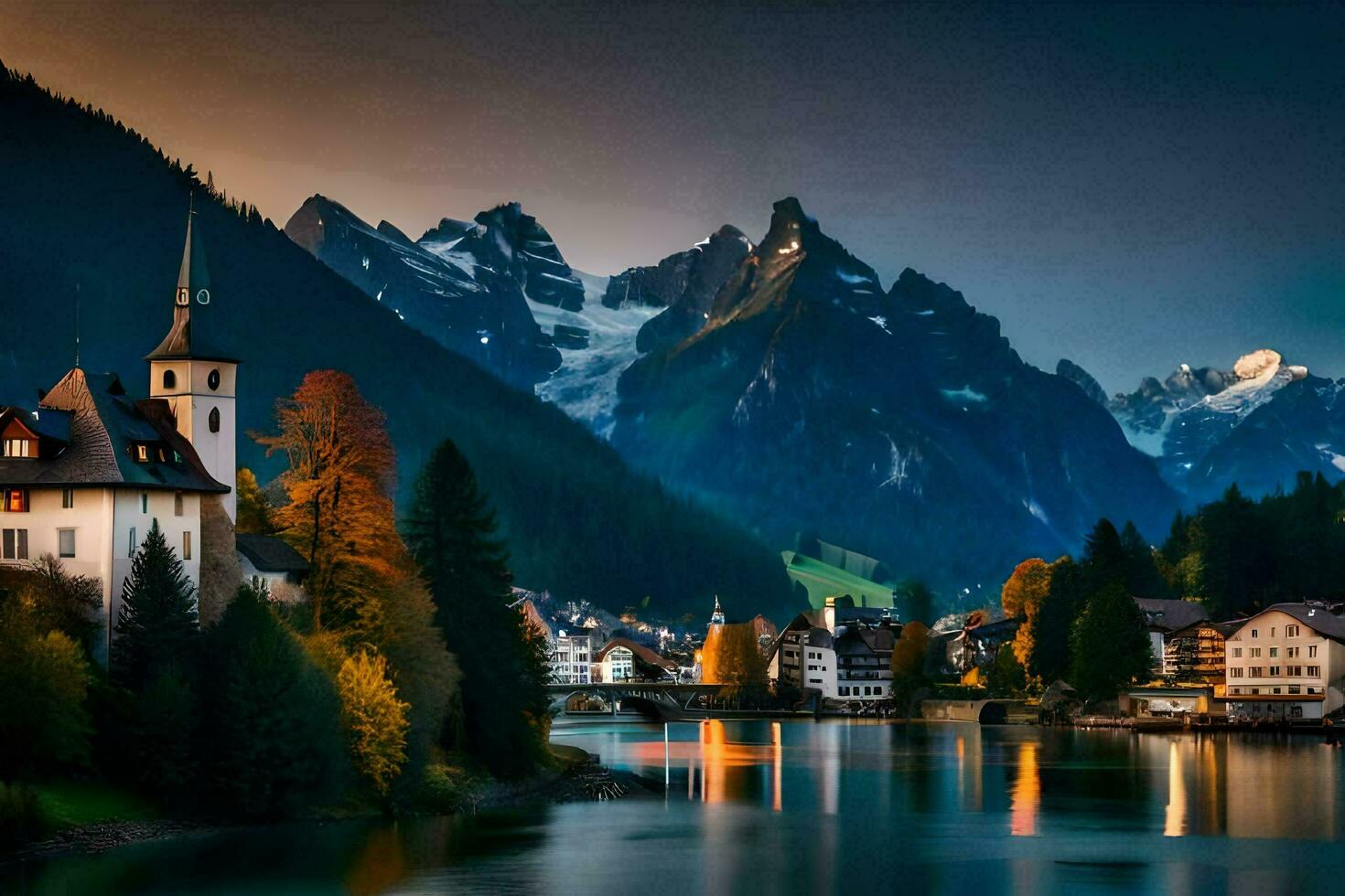 un pueblo se sienta en el borde de un lago rodeado por montañas. generado por ai foto