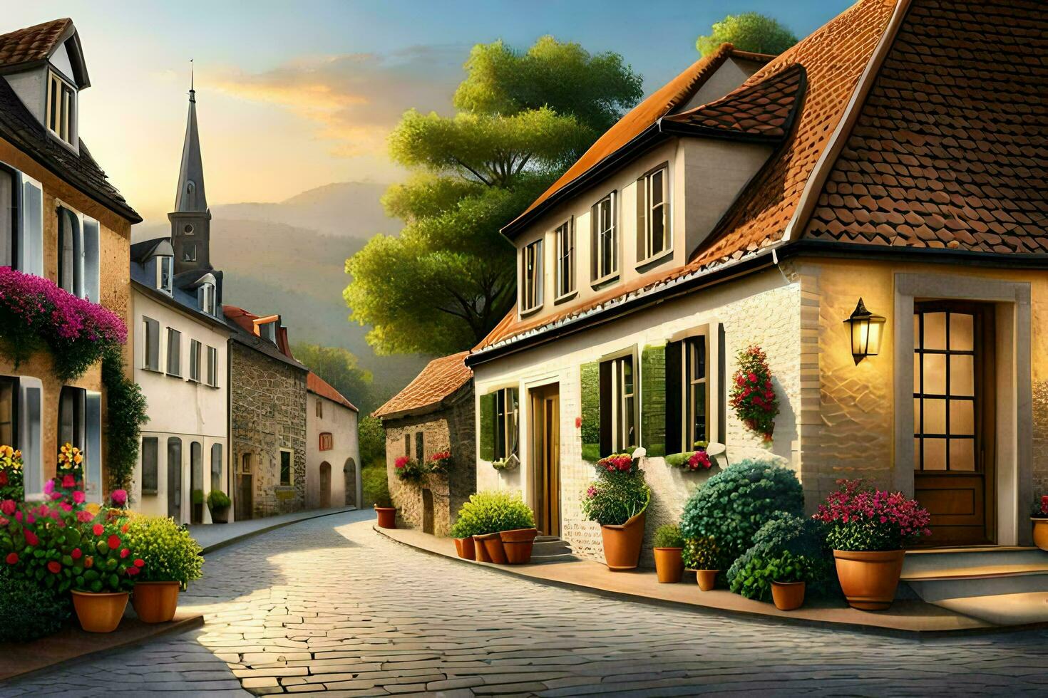 a painting of a street in a small town. AI-Generated photo