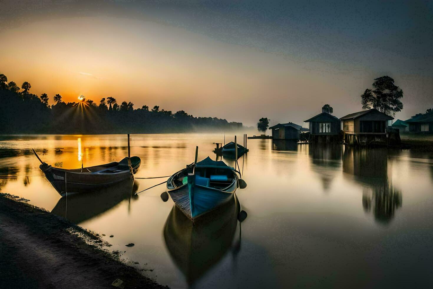 boats docked on the shore of a lake at sunset. AI-Generated photo