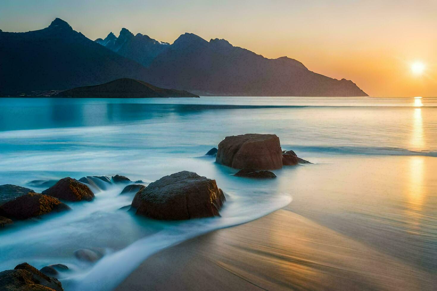 the sun sets over a beach and mountains. AI-Generated photo