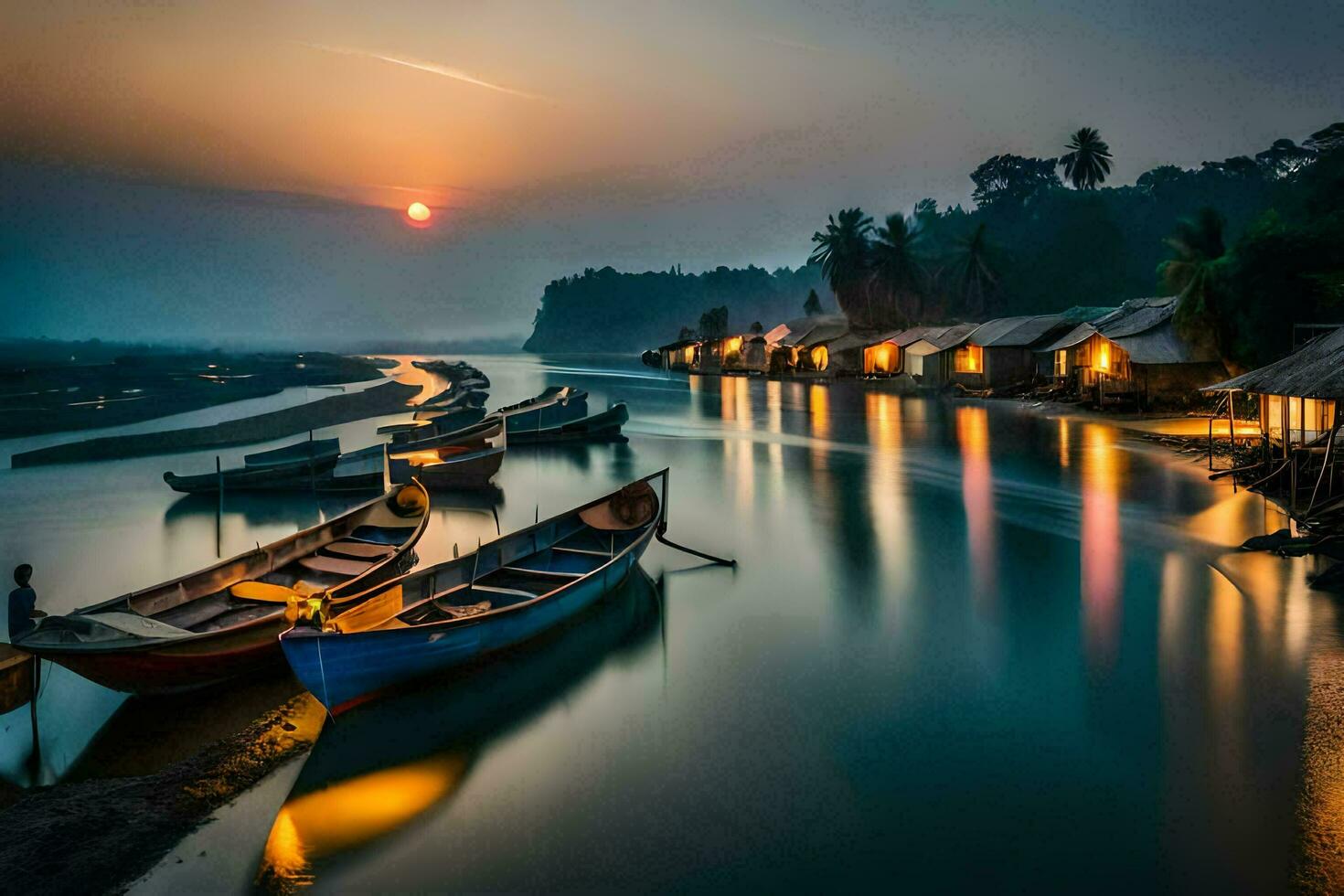 boats docked at the river in front of huts. AI-Generated photo