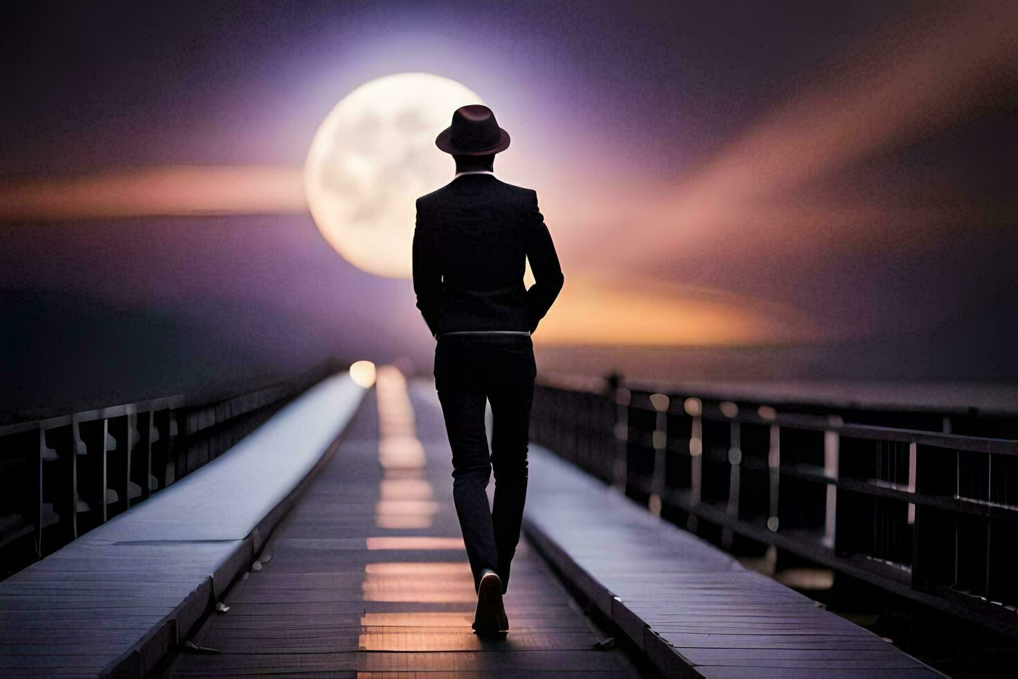 un hombre en un traje camina en un puente con un lleno Luna en el antecedentes. generado por ai foto