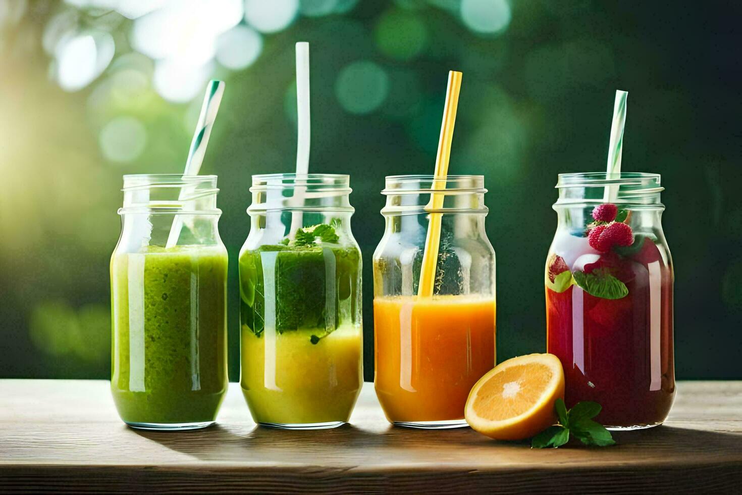 five different types of juices in glass bottles. AIGenerated 33363100