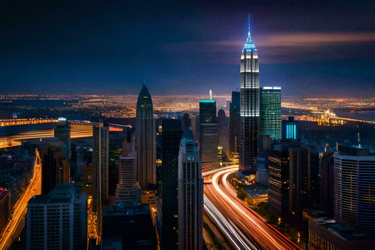 the city skyline at night with traffic lights. AI-Generated photo