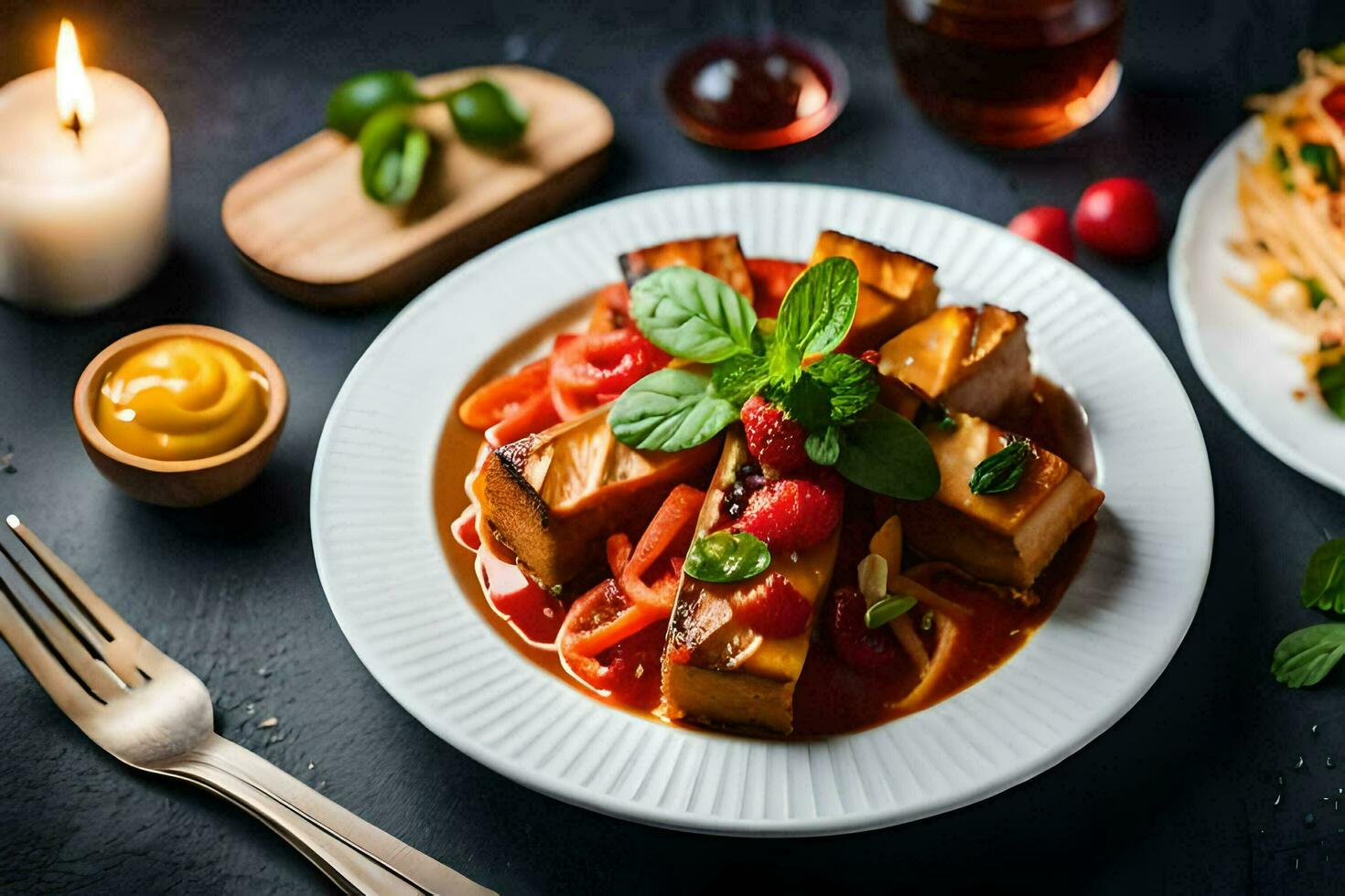 a plate of food with tofu, vegetables and sauce. AI-Generated photo