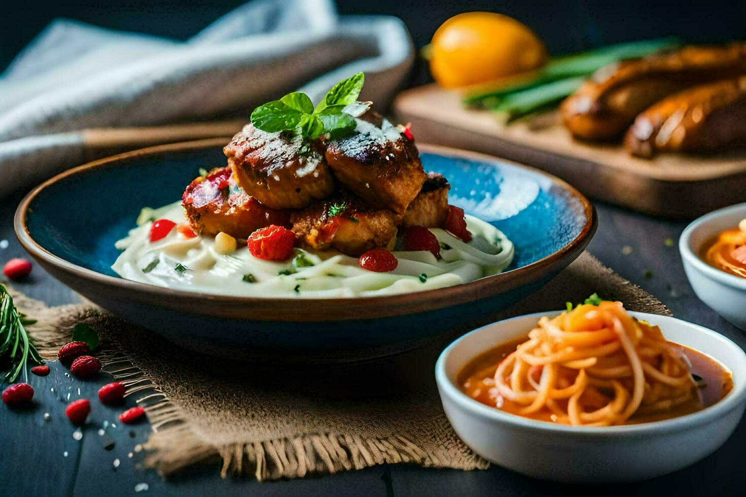 the food is served in a bowl with a spoon and a fork. AI-Generated photo