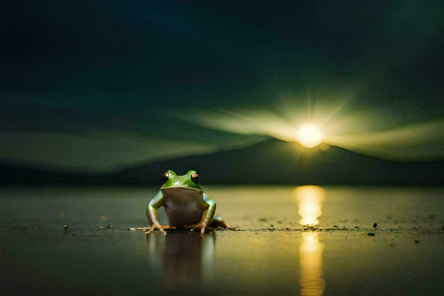 a frog sitting on the beach at night with the sun setting behind it. AI-Generated photo