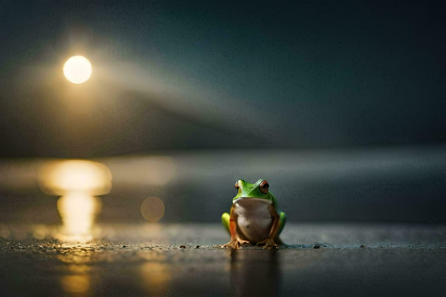 a frog sitting on the ground at night with the moon in the background. AI-Generated photo