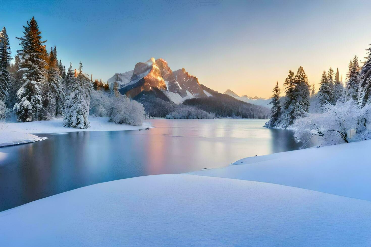 a beautiful winter scene with snow covered trees and mountains. AI-Generated photo