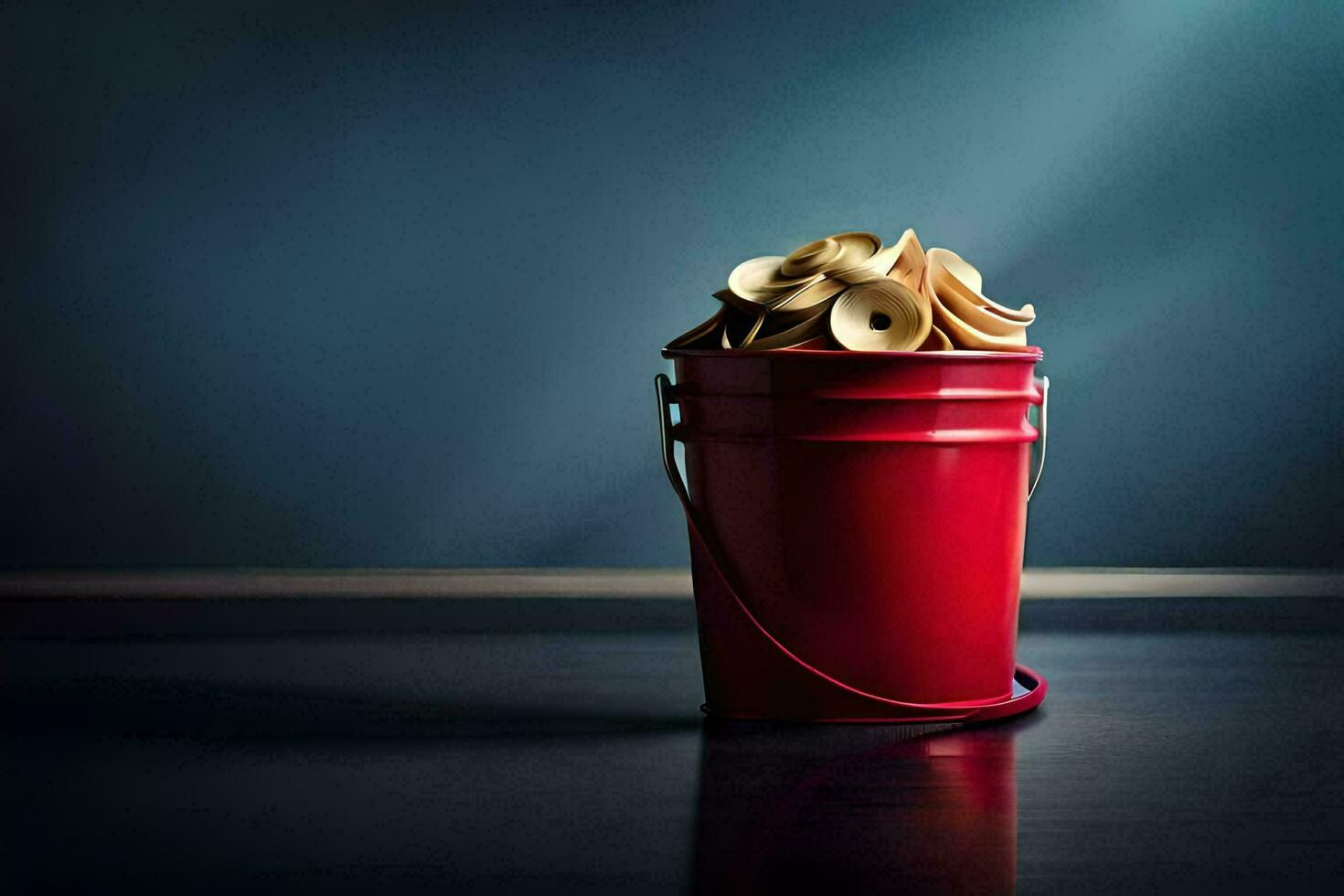 a red bucket filled with gold coins. AI-Generated photo