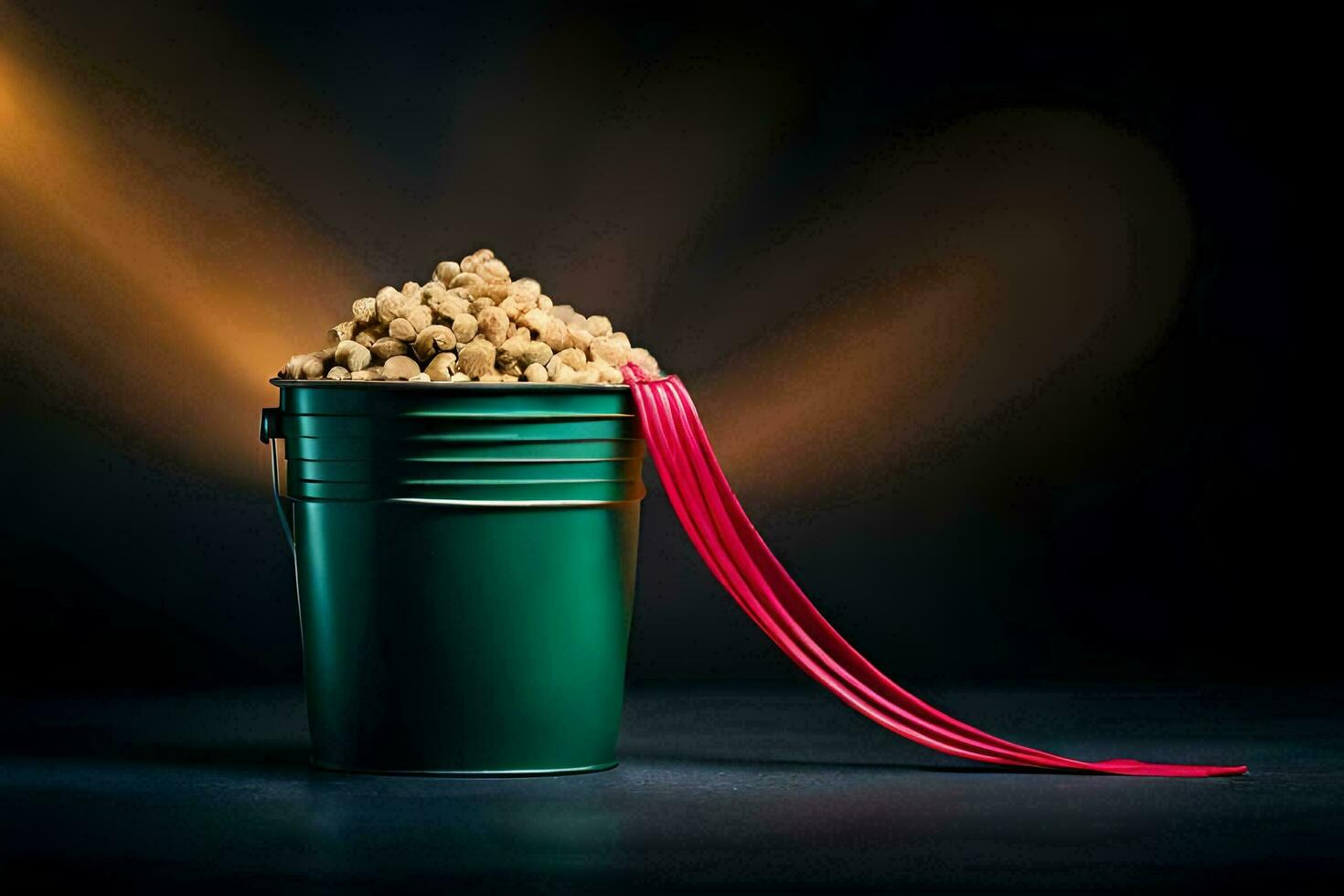 a bucket filled with popcorn on a dark background. AI-Generated photo