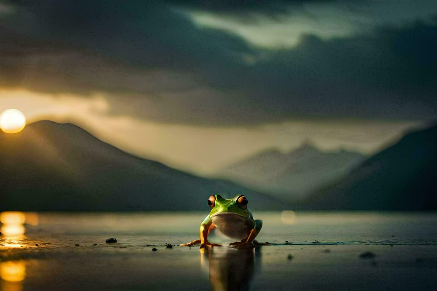 a frog sitting on the shore of a lake at sunset. AI-Generated photo