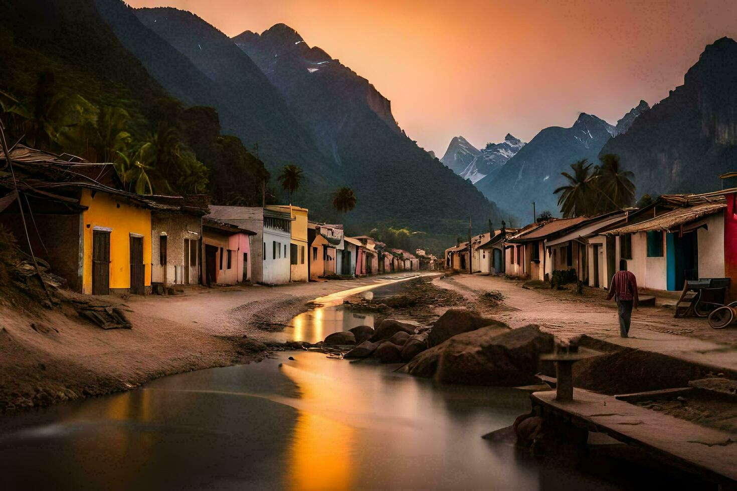 a man walks along a narrow street in a village at sunset. AI-Generated photo